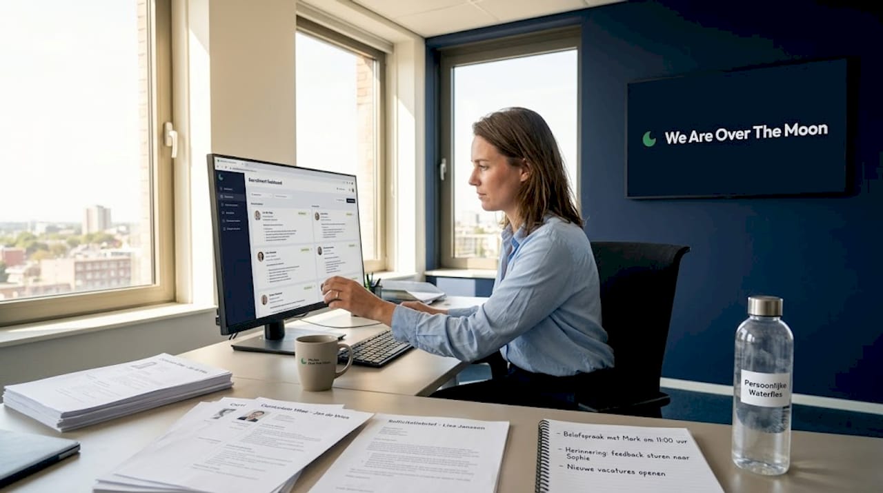 Een recruiter zit achter zijn bureau en bekijkt aandachtig binnengekomen cv's om de juiste kandidaat te selecteren.