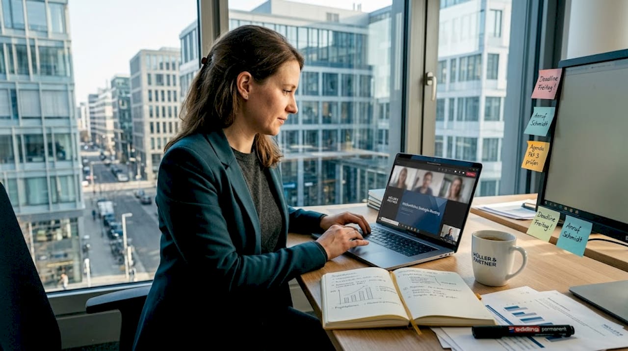 Personalvermittler im Büro beim Videocall – Fokus auf den Arbeitsplatz