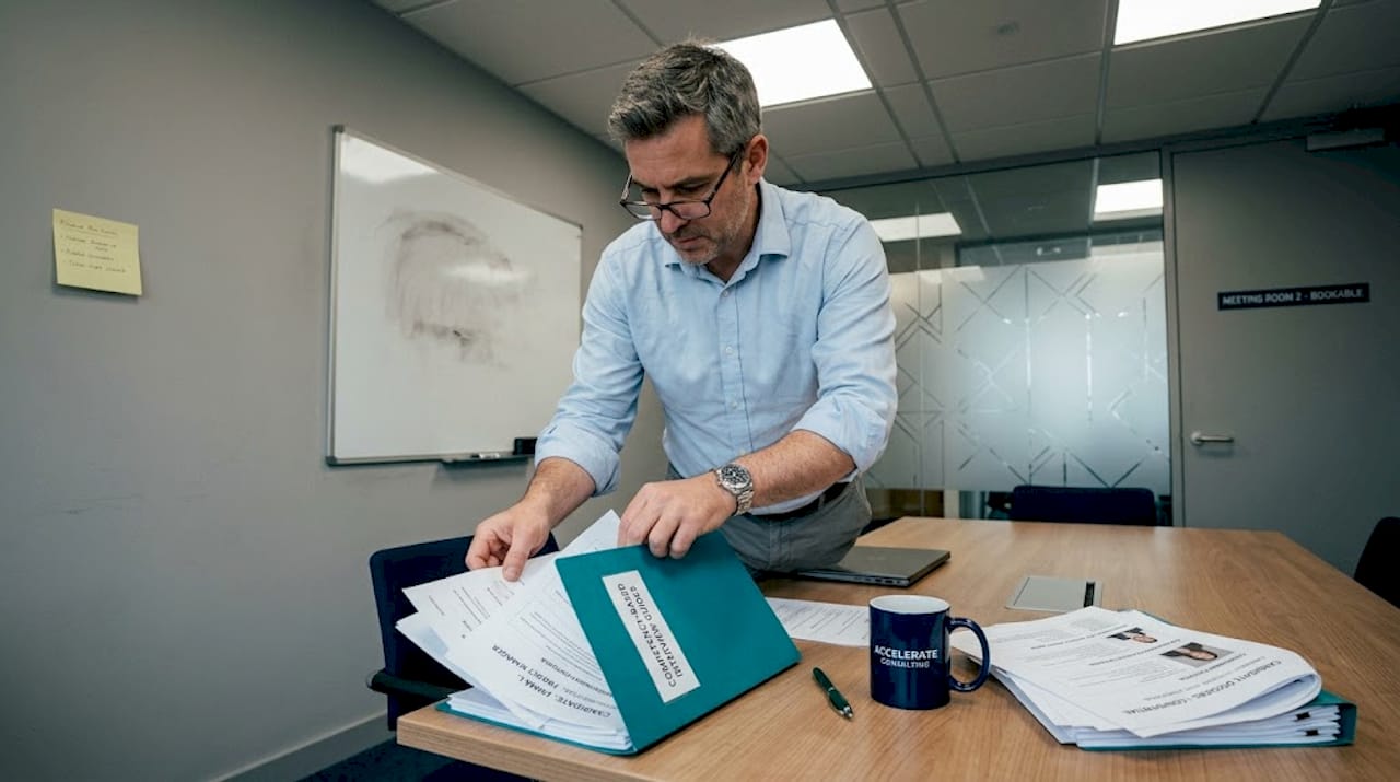 Man organizing interview guides in meeting room