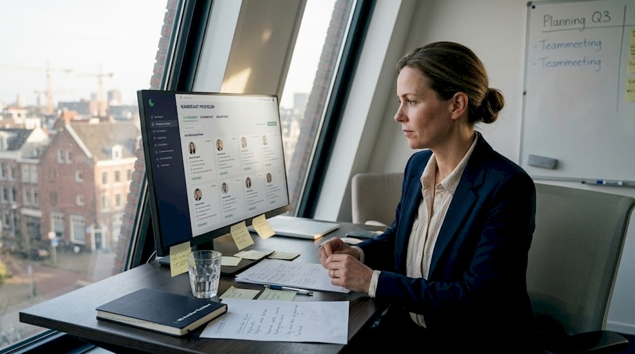Een HR-manager bekijkt op kantoor de cv’s van sollicitanten.