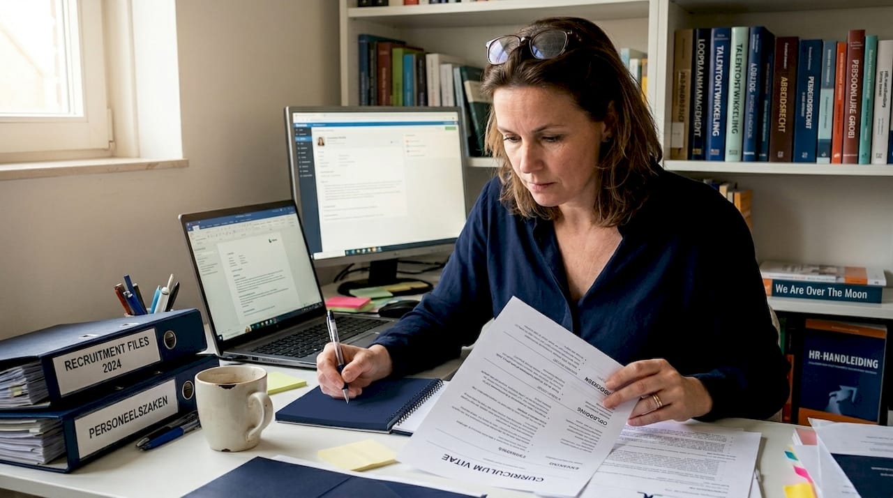 Een recruiter zit achter zijn laptop en werkt aan een cv, terwijl hij aantekeningen maakt.
