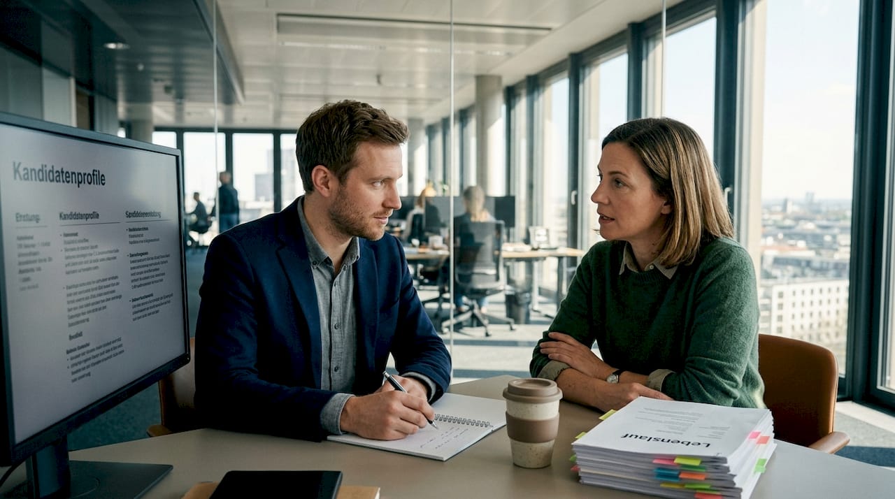 Das HR-Team sichtet Bewerbungsunterlagen gemeinsam im Großraumbüro.