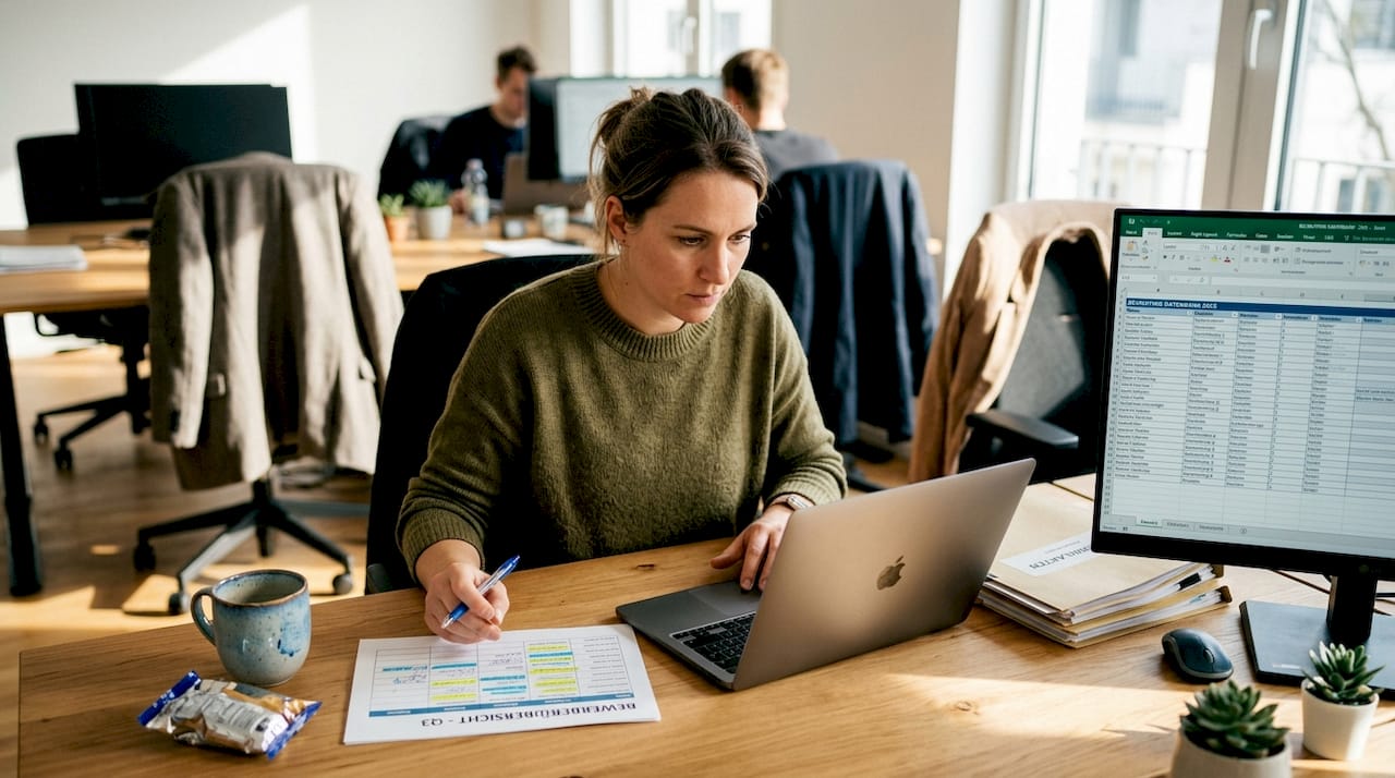 Am Gemeinschaftsschreibtisch prüft der Recruiter die Bewerberunterlagen.