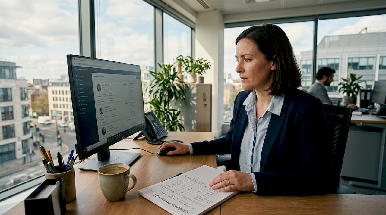 HR manager reviewing applications in corner office
