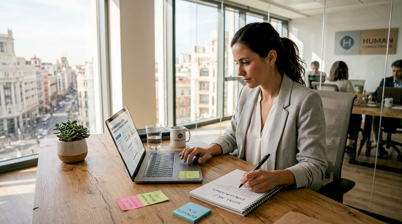 Responsable de Recursos Humanos analizando las evaluaciones de talento