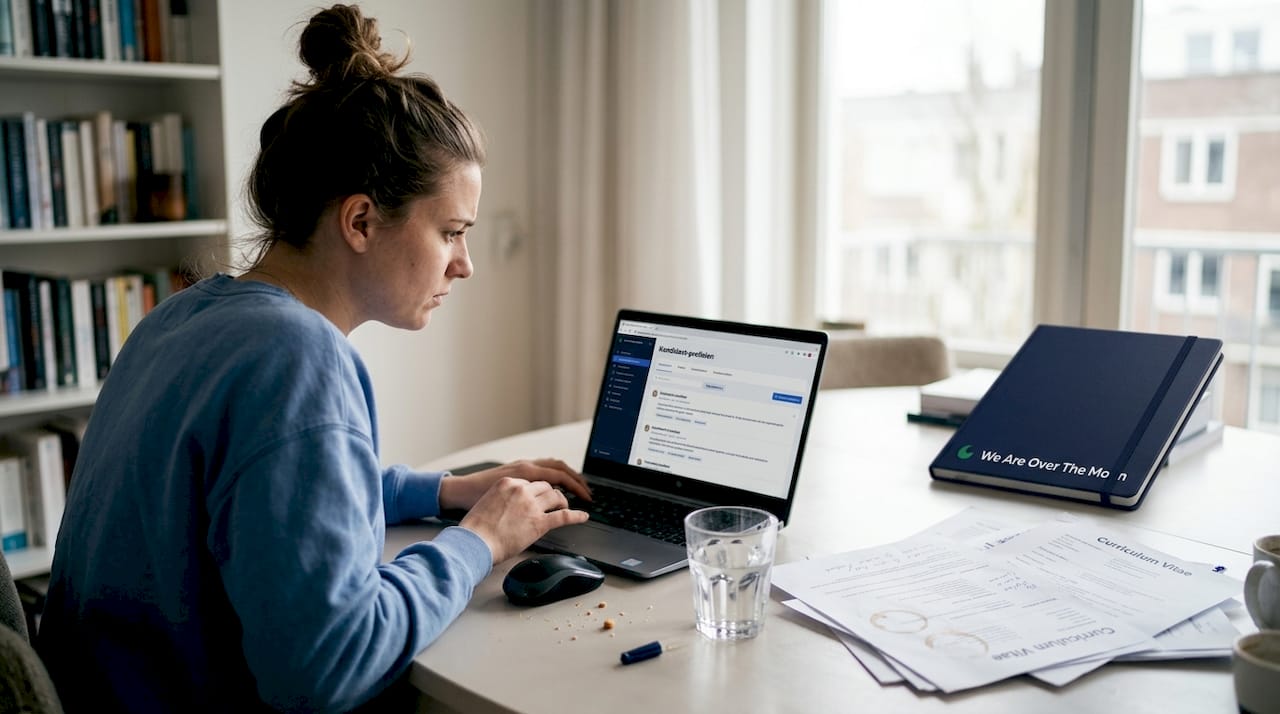 Een vrouw bekijkt kandidatenprofielen aan de keukentafel.