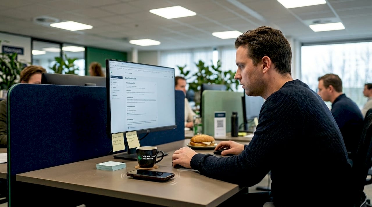 Een recruiter scant cv’s en motivatiebrieven aan een drukke kantoortafel.