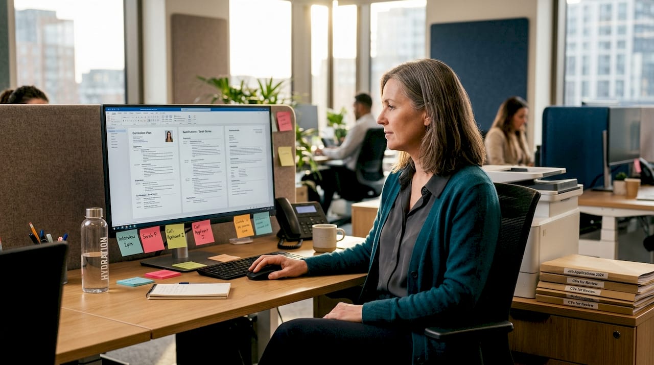 HR manager reviews resumes at open-plan office desk