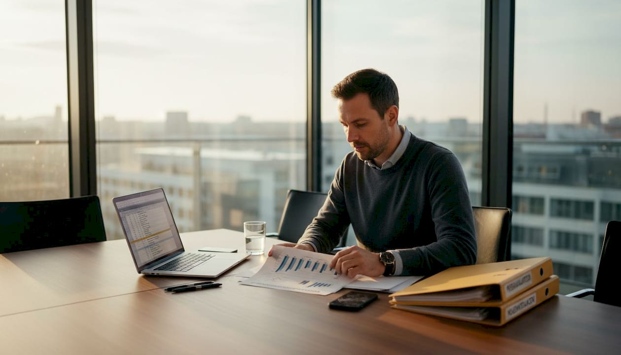 Die Personalmanagerin wirft im Büro einen Blick auf die aktuellen Auswertungsergebnisse.