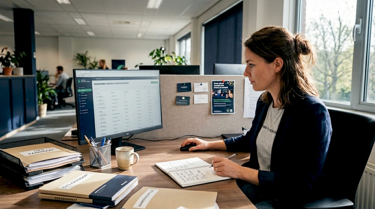Een HR-specialist bekijkt de personeelsgegevens aan zijn bureau.