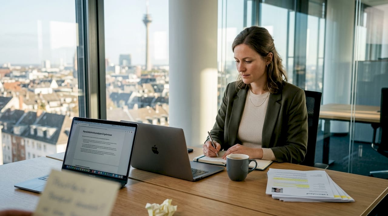 Eine HR-Expertin beobachtet aufmerksam das Verhalten von Bewerbern im Büro, um deren Soft Skills und Teamfähigkeit besser einschätzen zu können.