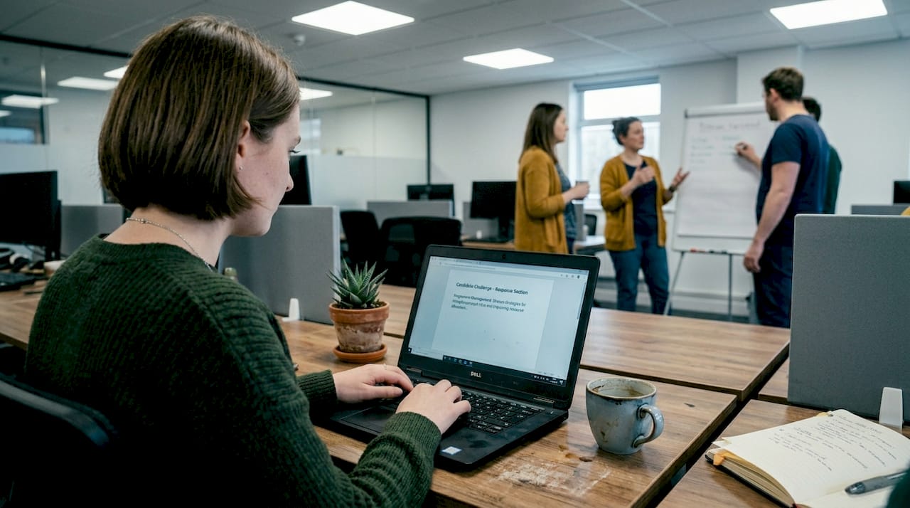 Employee completing job challenge at desk