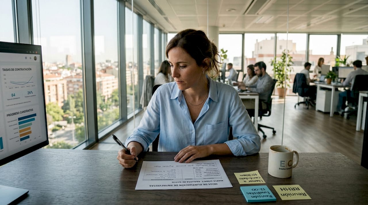 Responsable de Recursos Humanos revisando los indicadores de desempeño en la oficina