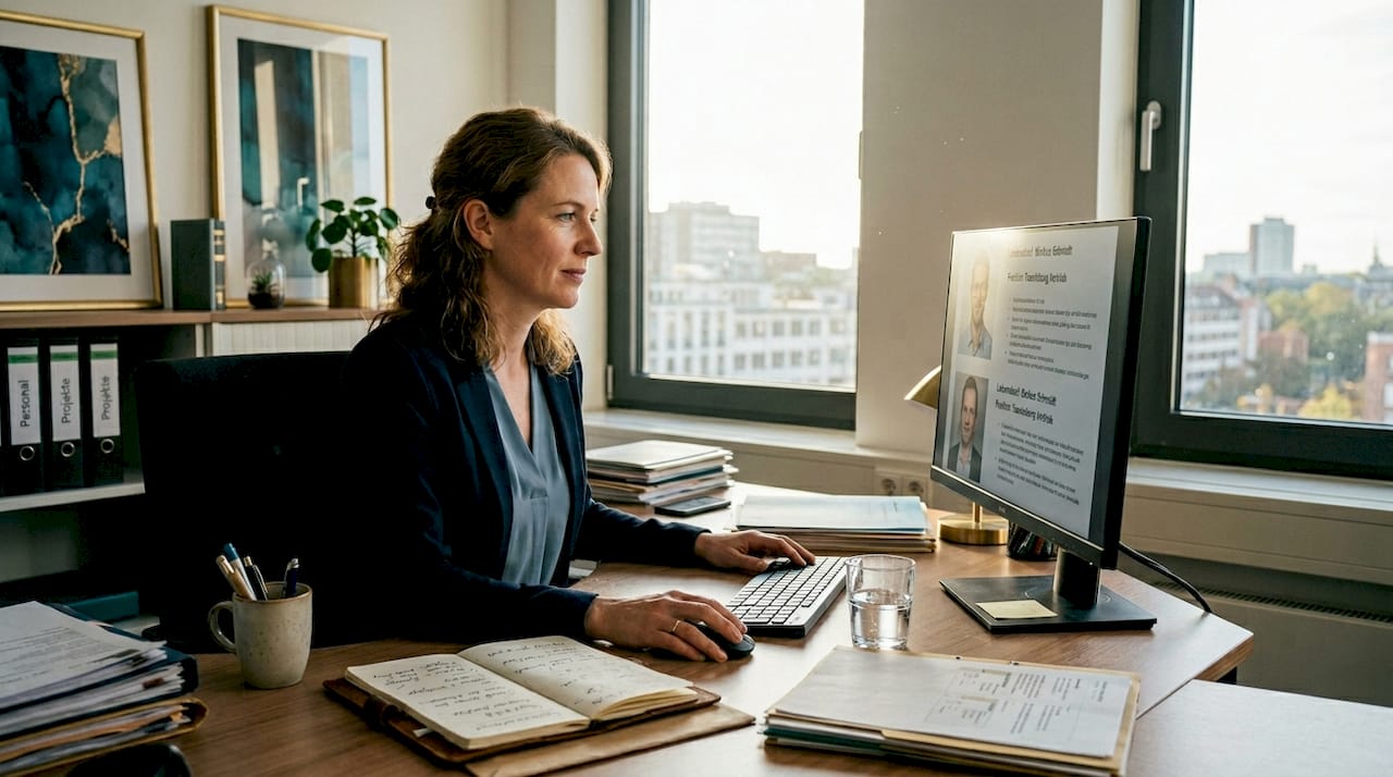 Eine Personalmanagerin sichtet im Büro die Bewerbungsunterlagen und prüft, welche Kandidaten am besten zum Unternehmen passen.