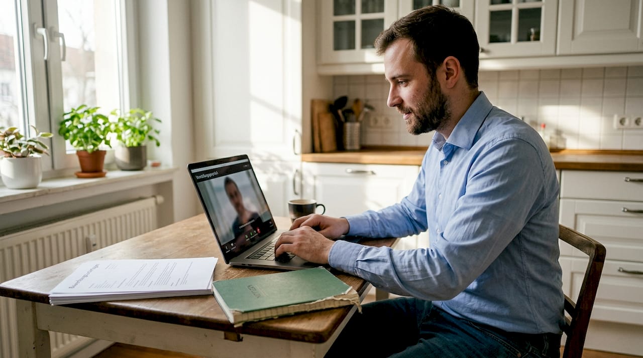 Ein Bewerber führt von zu Hause aus ein Online-Vorstellungsgespräch durch.