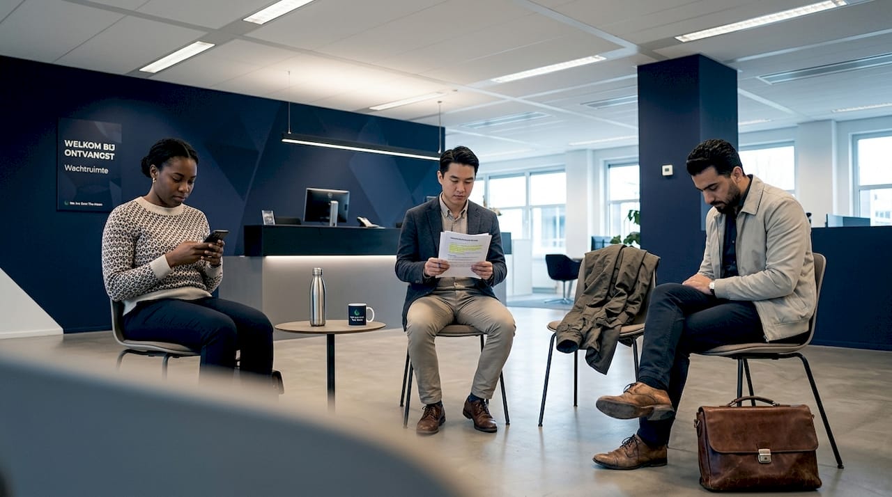De kandidaten zitten in de wachtruimte tot ze aan de beurt zijn voor het assessment.