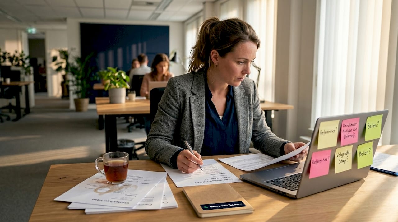 De HR-manager gaat op kantoor aan de slag met het beoordelen van de resultaten van de assessments.