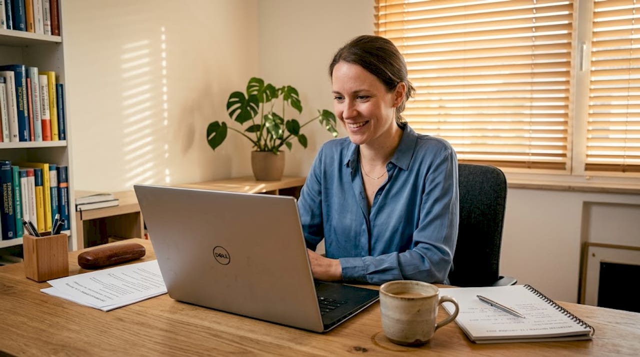 Eine Frau führt in ihrem Homeoffice ein Videointerview.