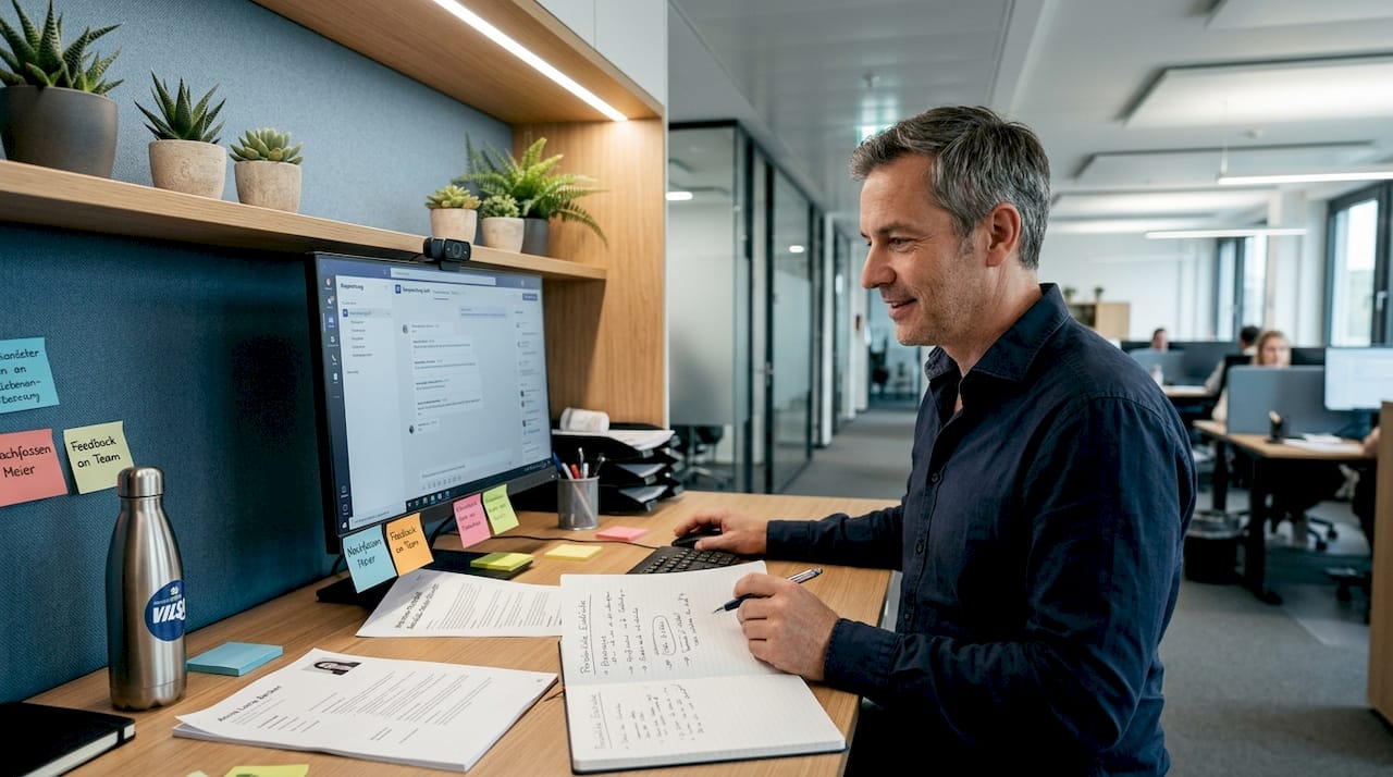 Die Personalmanagerin wirft während eines Videocalls einen Blick auf ihre Notizen zum Vorstellungsgespräch.