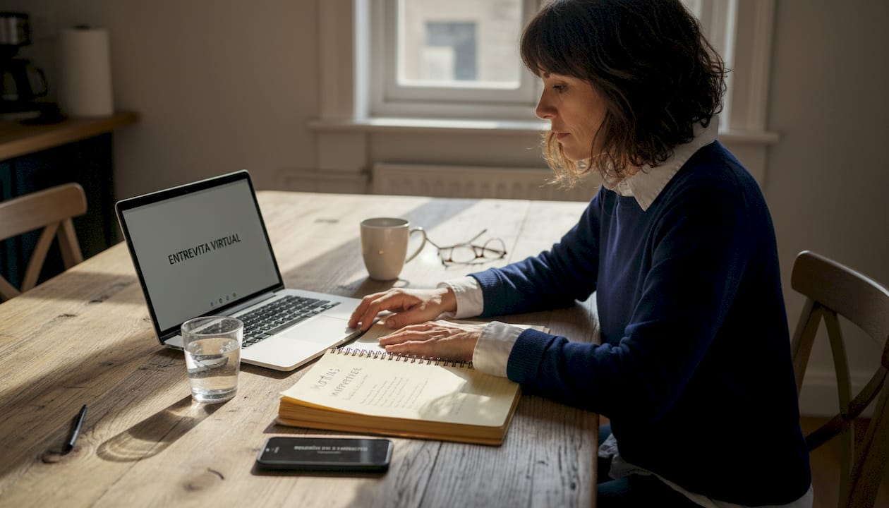 Mujer preparándose para una entrevista de trabajo en tecnología a distancia
