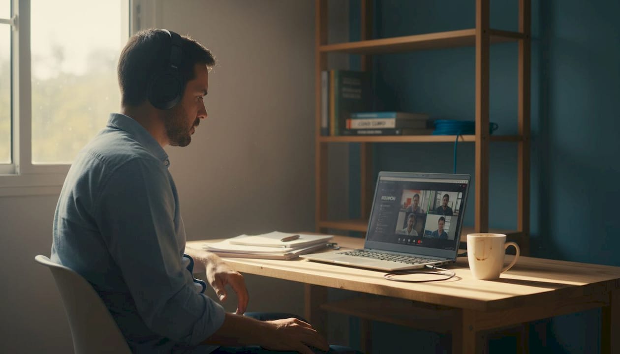 Hombre realizando una entrevista de trabajo por videollamada desde su casa