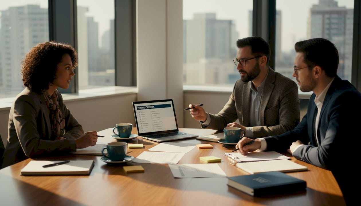 Diverse team reviewing hiring checklist together