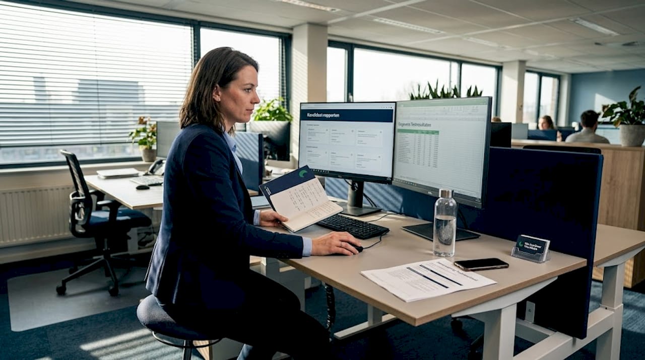 Een HR-medewerker zit achter zijn bureau en beoordeelt de uitkomsten van screeningsrapporten.