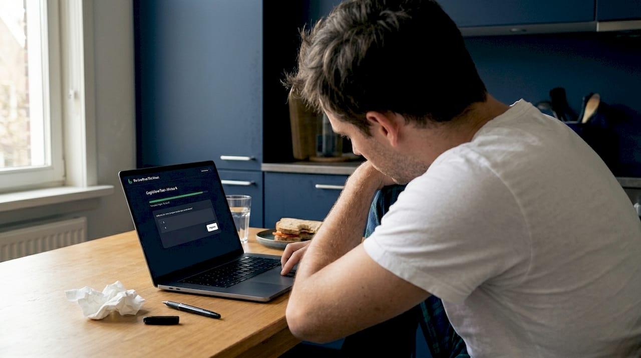 Een jonge man zit aan de keukentafel en doet een speelse online test.