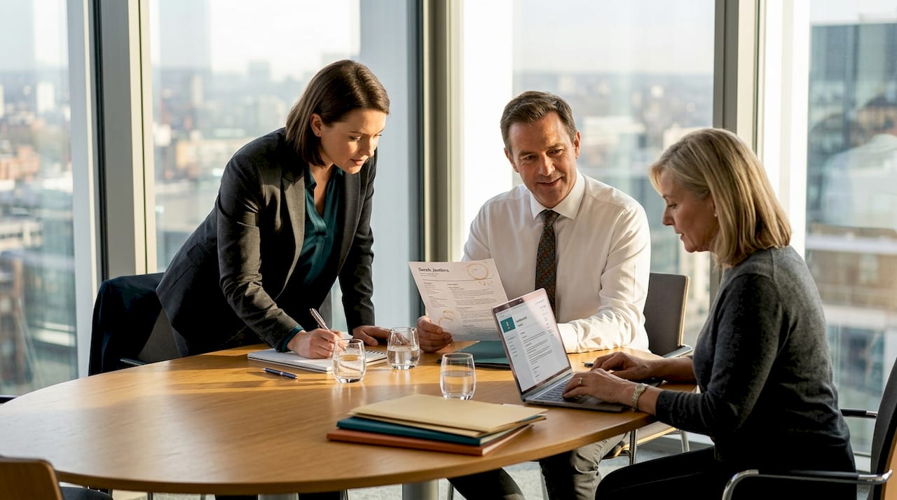 HR team discussing hiring around conference table