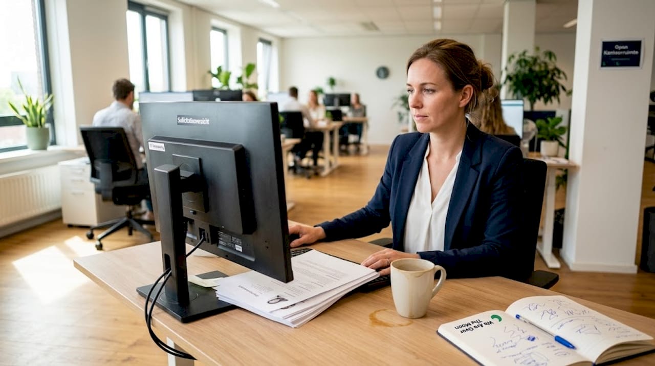 Een recruiter bekijkt de binnengekomen sollicitaties aan zijn bureau op kantoor.