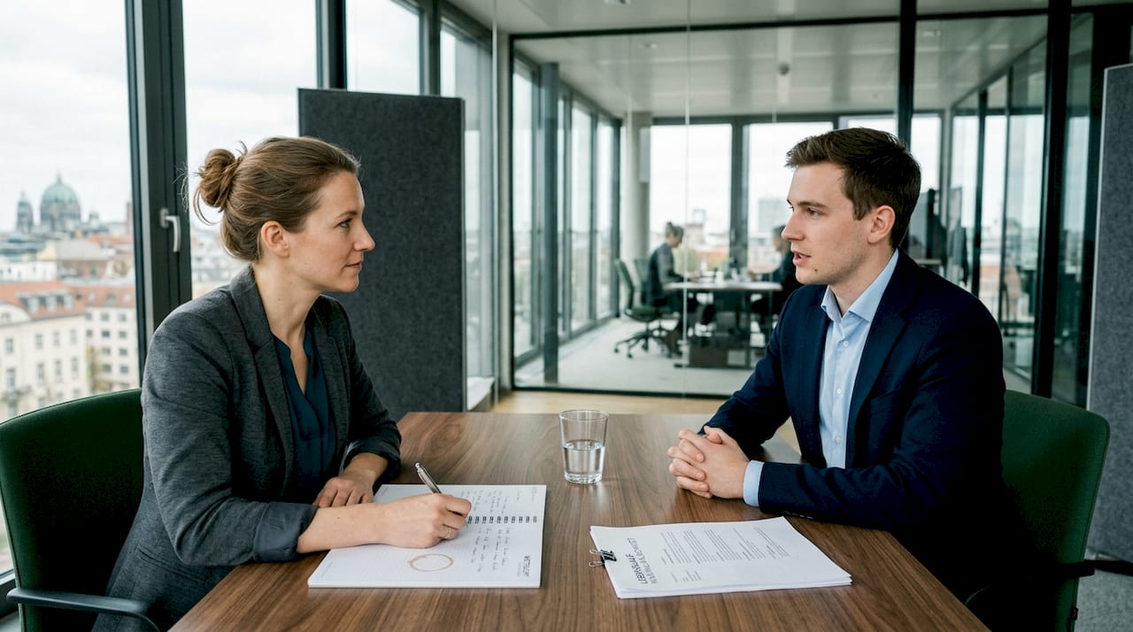 Eine Frau sitzt in einem freundlich eingerichteten Büro und führt ein Vorstellungsgespräch.