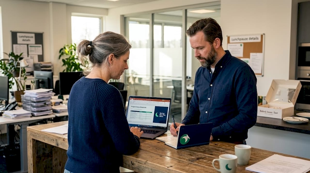 Twee collega’s zitten samen aan tafel en krijgen een training over een AI-tool voor cv’s.