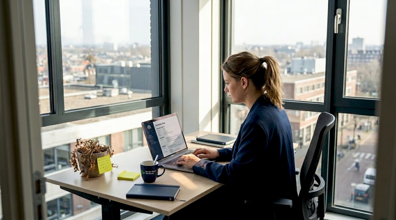 Een recruiter bladert door cv’s op zijn computerscherm op kantoor.