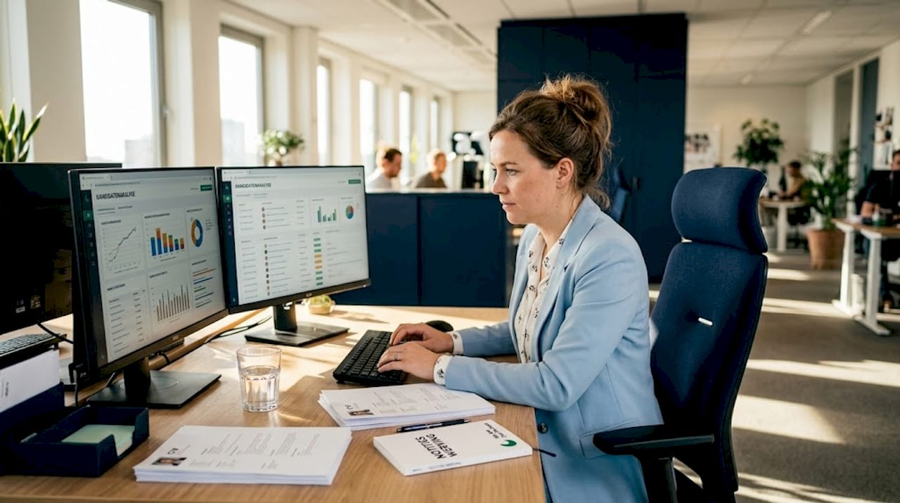 Een recruiter bekijkt de gegevens van sollicitanten op zijn computerscherm op kantoor.