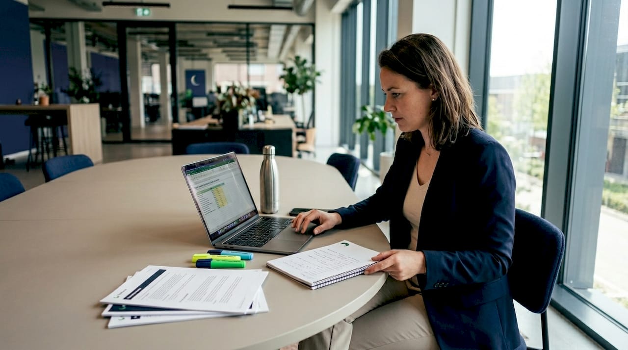 Een HR-specialist bekijkt en analyseert personeelsgegevens tijdens een vergadering in de kantoorruimte.