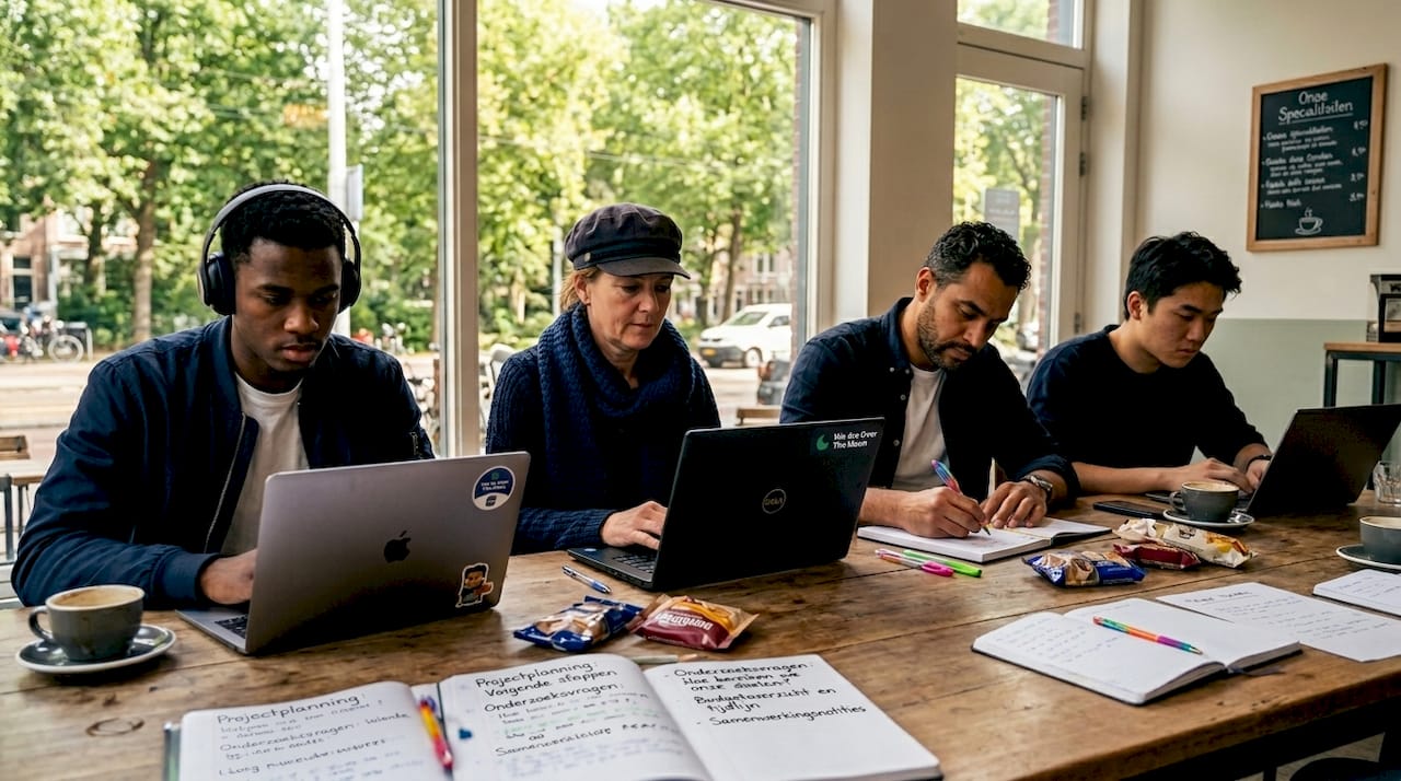 Een divers team van kandidaten werkt samen achter hun laptops.