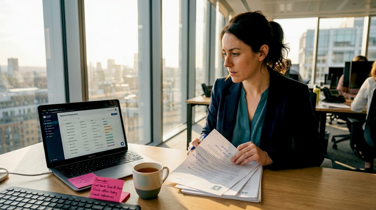 HR manager reviews resumes with laptop in office