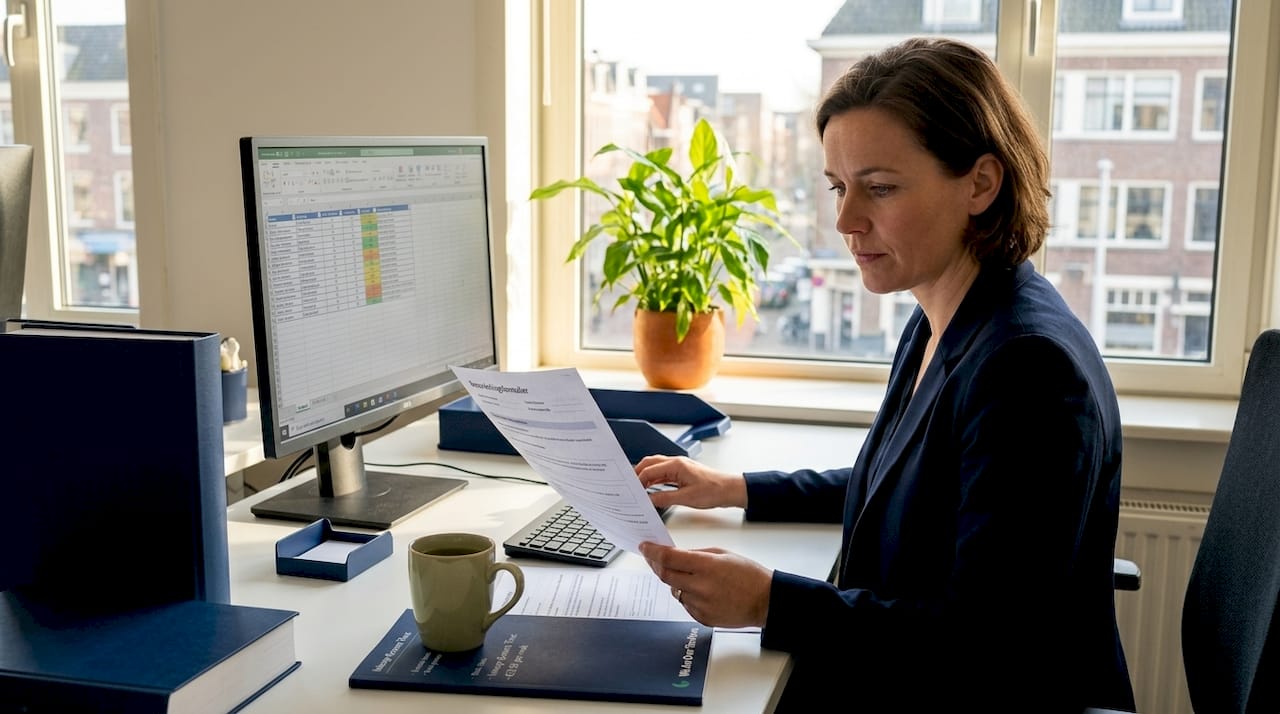 HR-manager beoordeelt de competenties van medewerkers achter het bureau