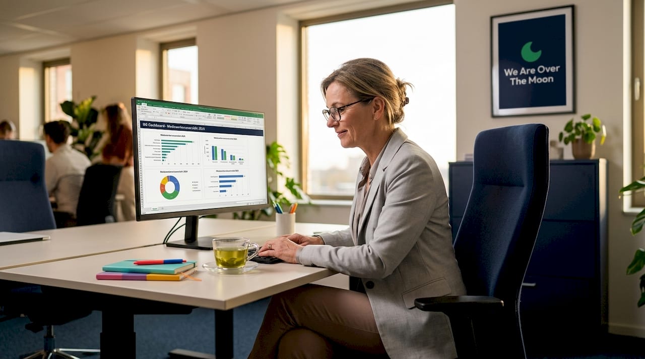De HR-manager bekijkt het medewerkersdashboard om inzicht te krijgen in personeelsgegevens.