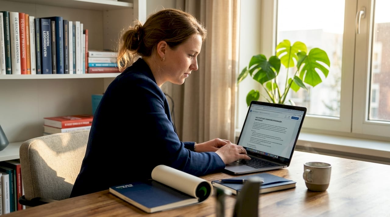 Vrouw oefent sollicitatiegesprek vanuit huis