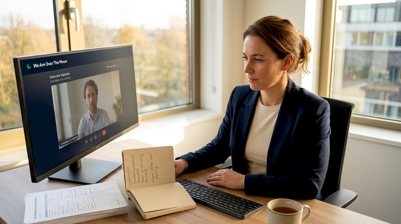 Een recruiter voert vanuit kantoor een sollicitatiegesprek via videoverbinding.