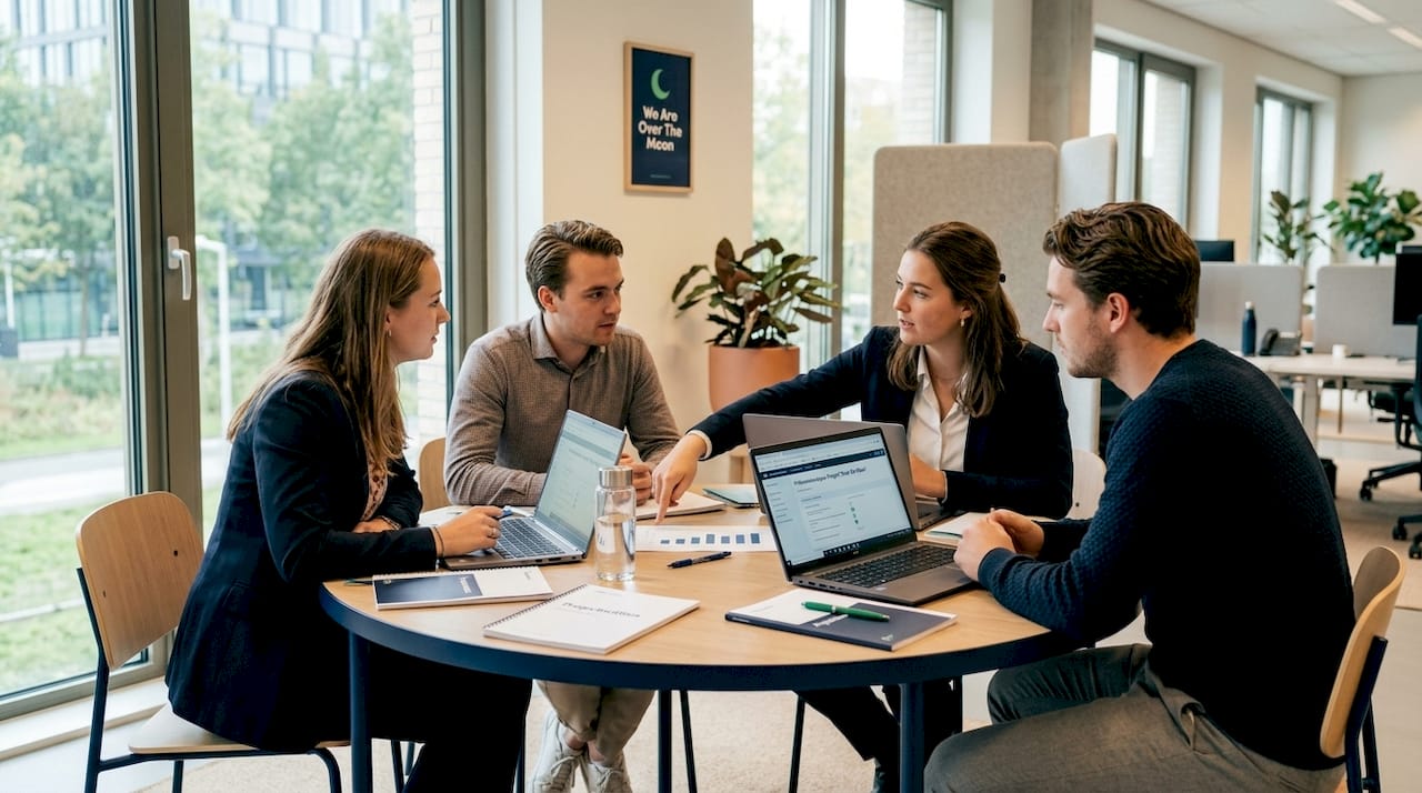 Kandidaten werken samen tijdens een groepsopdracht aan de vergadertafel