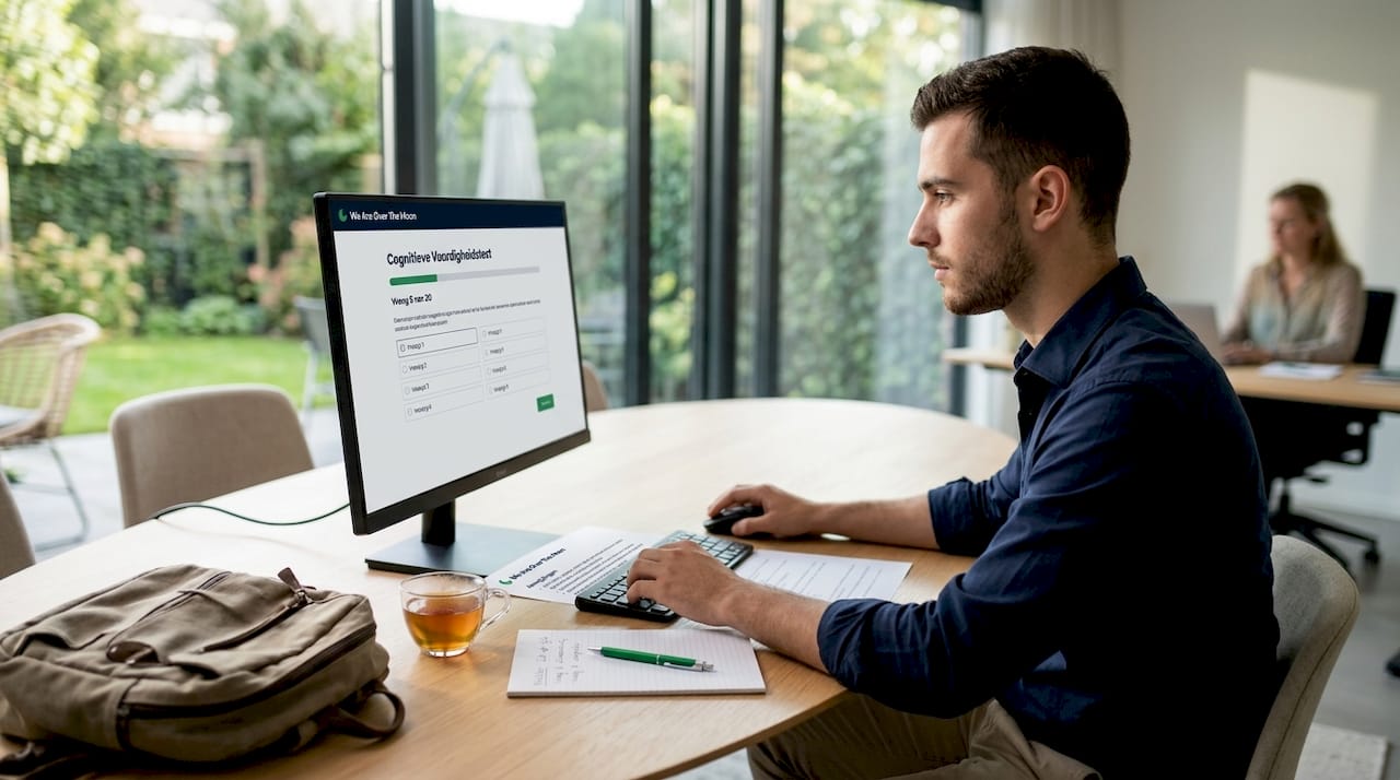 Een kandidaat maakt een cognitieve test tijdens een sollicitatiegesprek op de HR-afdeling.