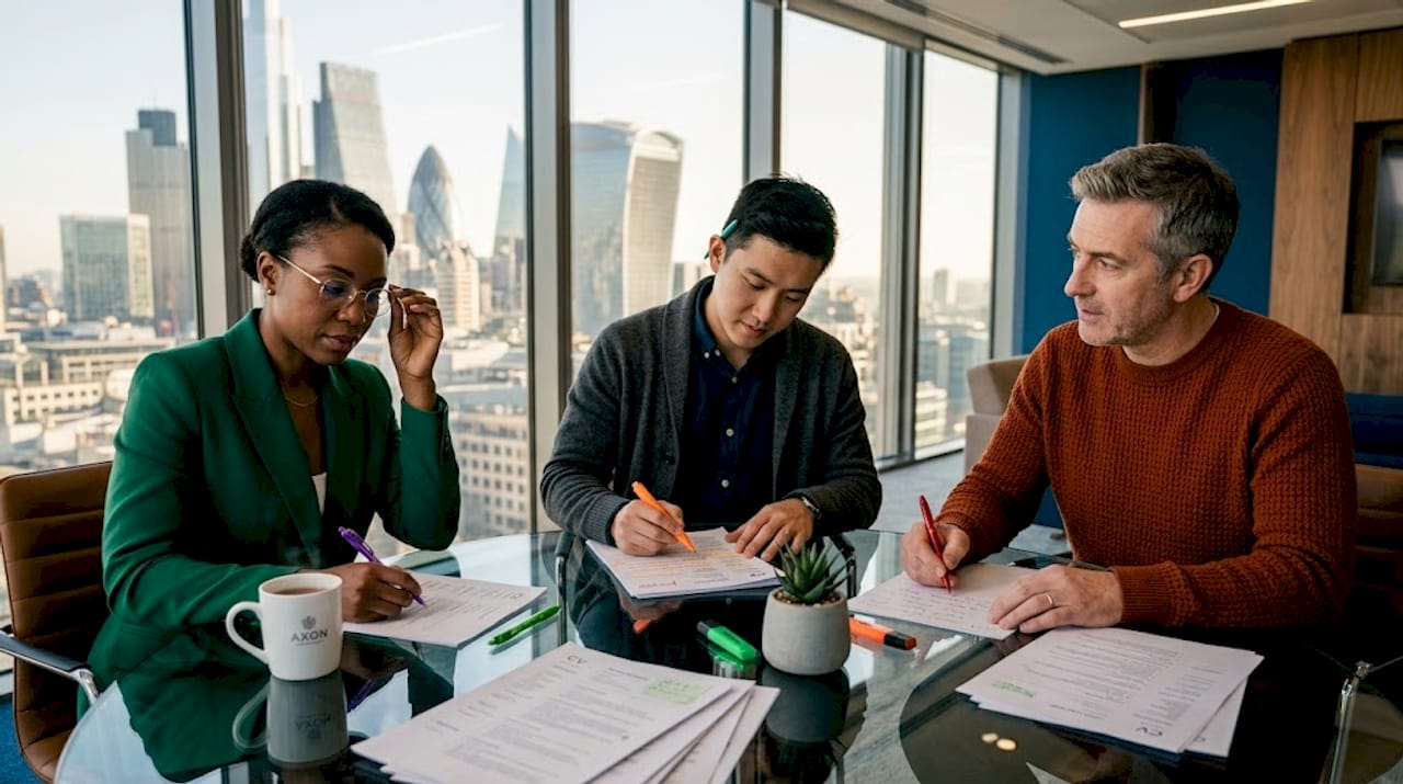 Panel reviewing resumes in conference room