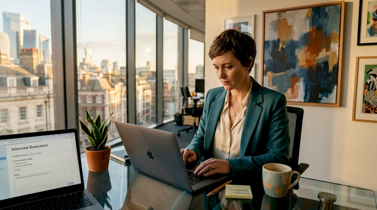 Manager entering candidate scores after interview