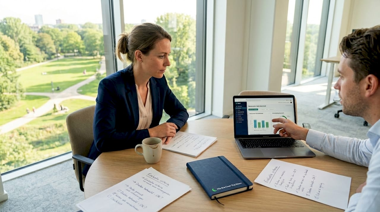 Het HR-team zit bij elkaar aan de vergadertafel, midden in de open kantoorruimte, om belangrijke zaken te bespreken.