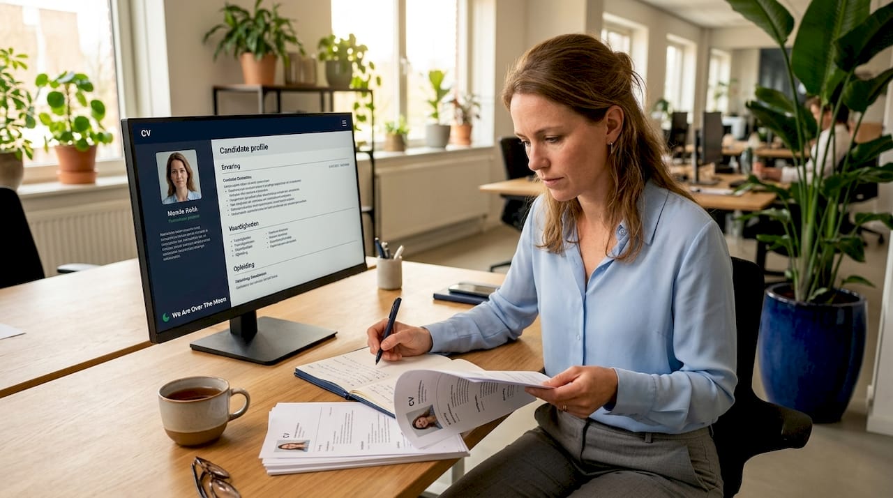 Een HR-manager bekijkt cv’s op een flexibele werkplek.