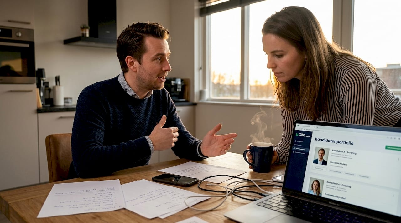 Het team beoordeelt het portfolio van de kandidaat op basis van vaardigheden.