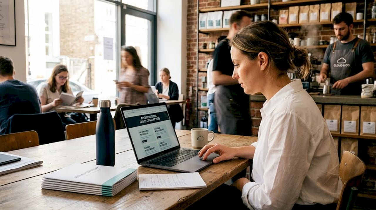 Woman reviewing career plan at office desk