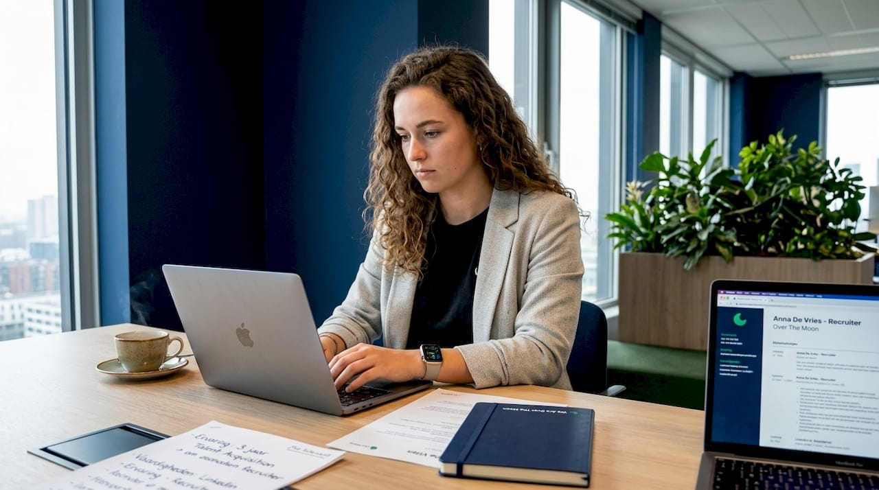 Een recruiter bladert door een cv aan een bureau in een lichte, moderne kantoorruimte.
